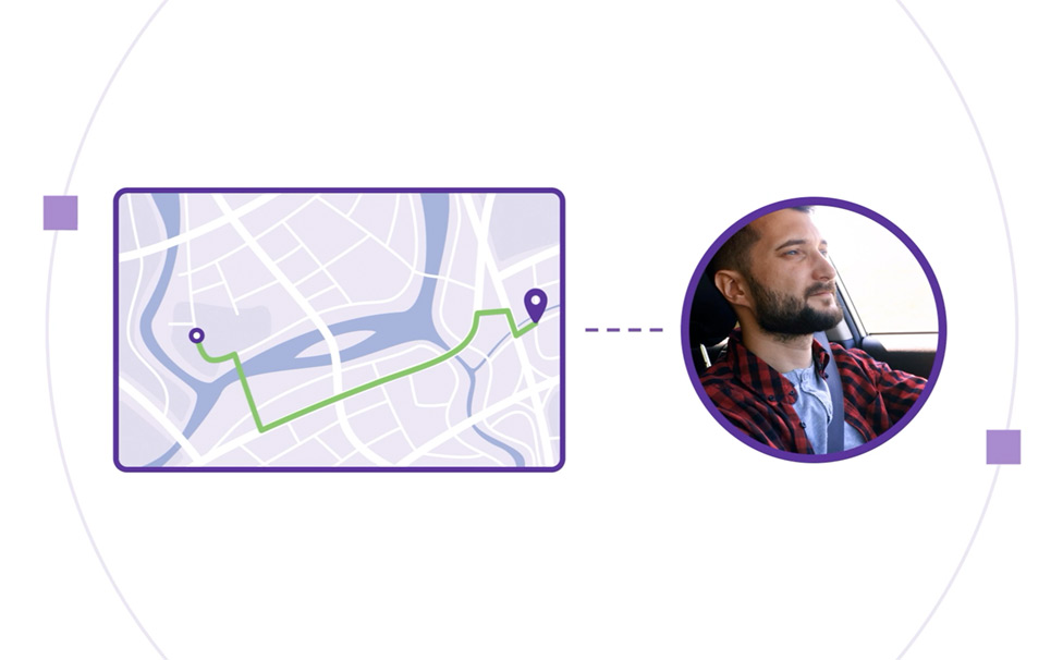 Map graphic next to circular image of a man driving a vehicle