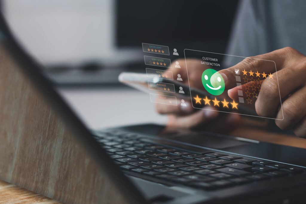 Customer experience icons next to computer and iPhone