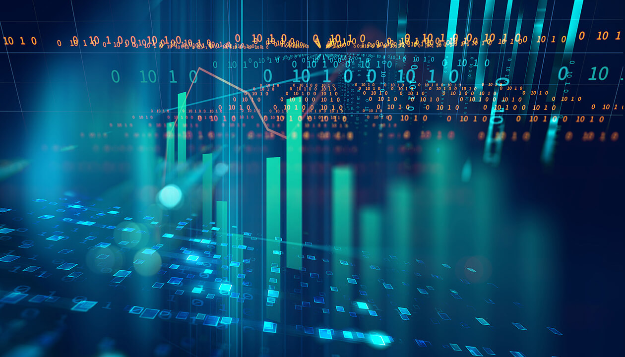 Close-up of a computer screen showing a digital interface with glowing vertical bar graphs and numerical data. 