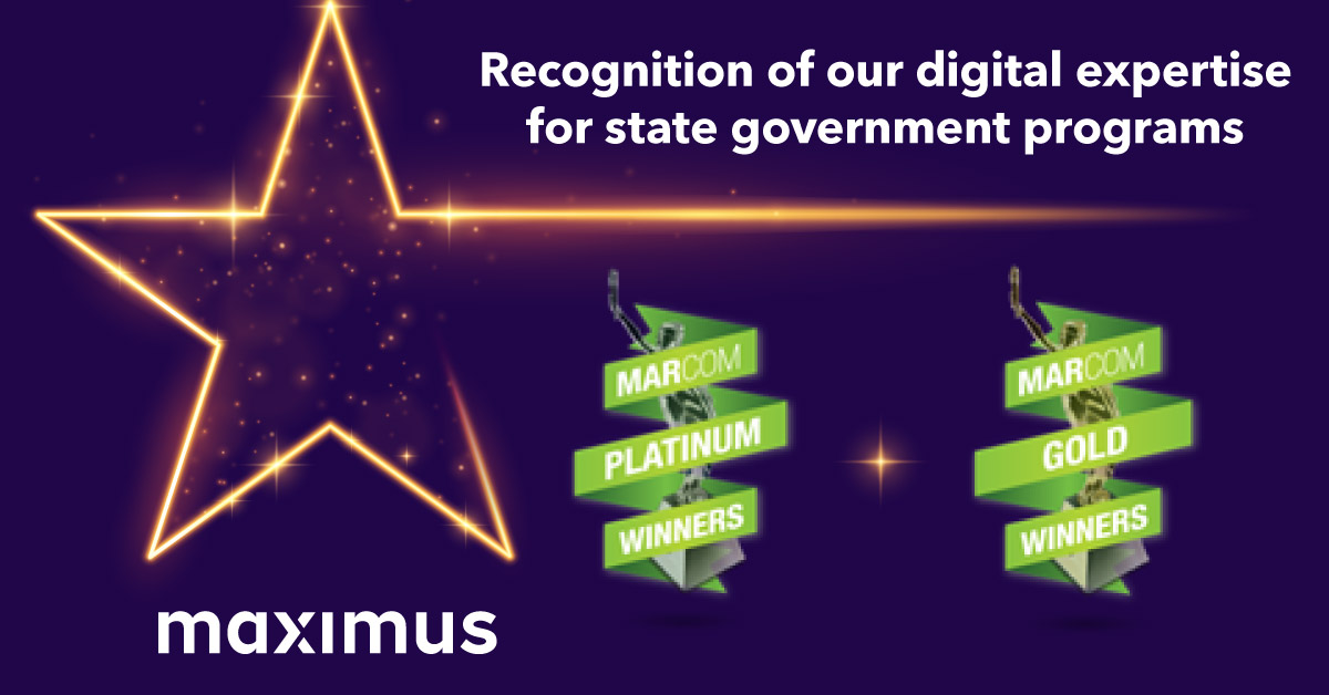 Recognition of our digital expertise for state government programs. Shiny gold star outline against a purple background with the MarCom platinum and gold winner logos.