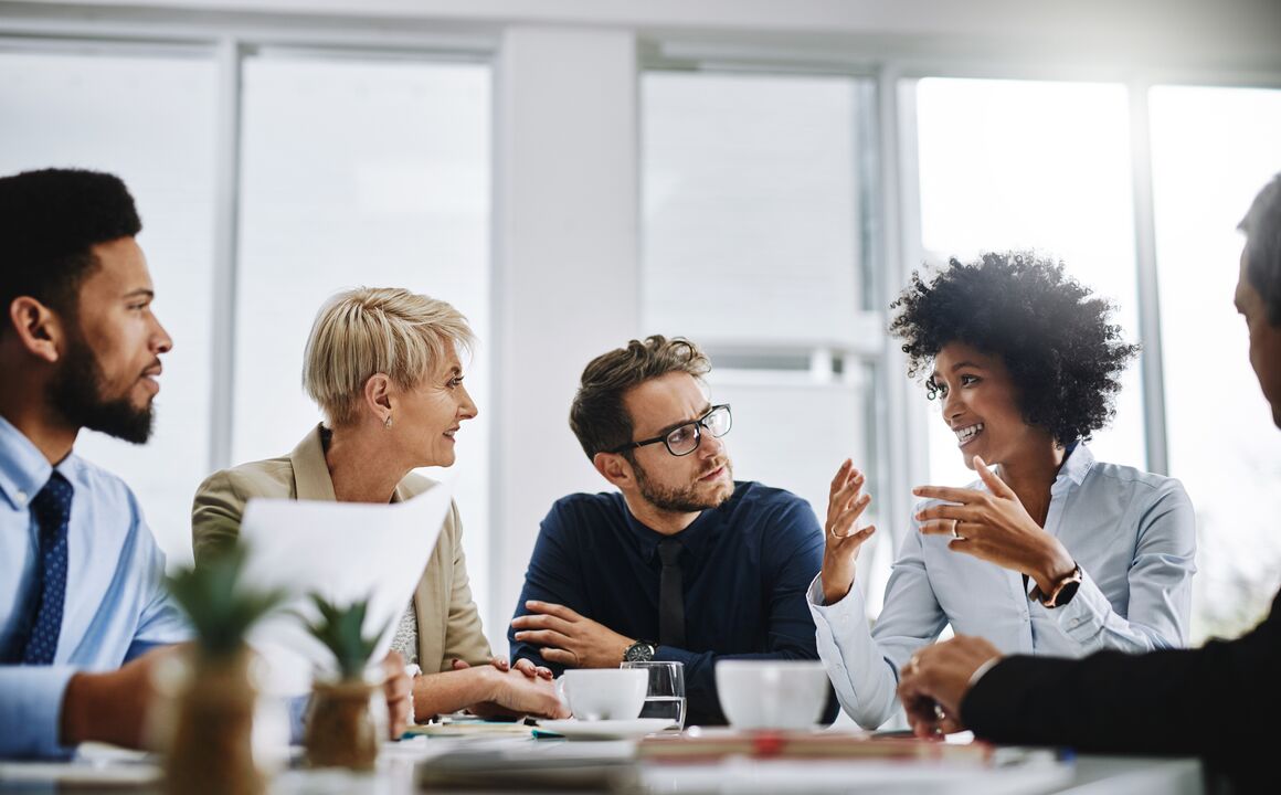 A female systems modernization consultant speaks to a group of government clients seated around a conference room table
