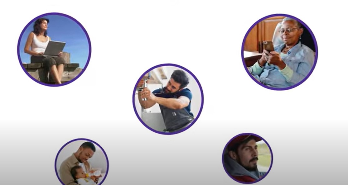Five circles with a person inside doing something: working on a laptop, scrolling on a phone, fixing something, feeding a baby, and driving a vehicle