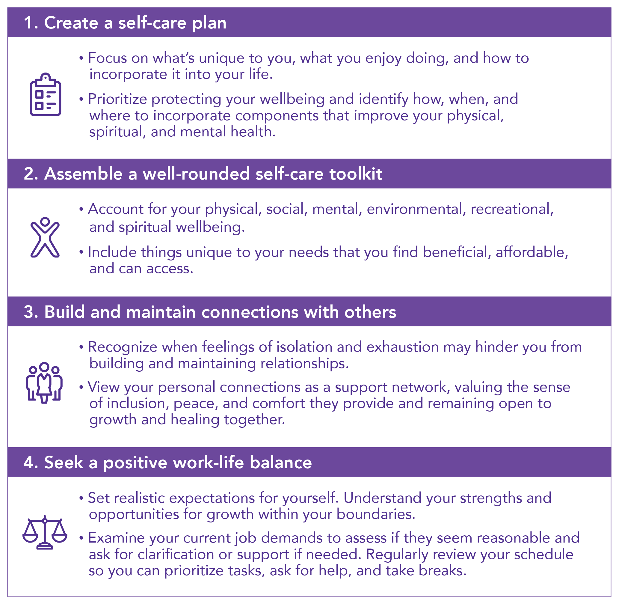 Graphic of tips for stress relief. Create a self-care toolkit, stay connected with others, and find a good work-life balance.